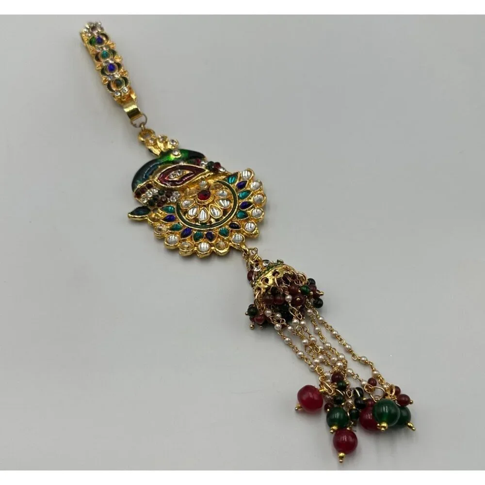 Kundan Sari Clip Gold Tone Meenakari Peacock Multicolor Beads Tassel
